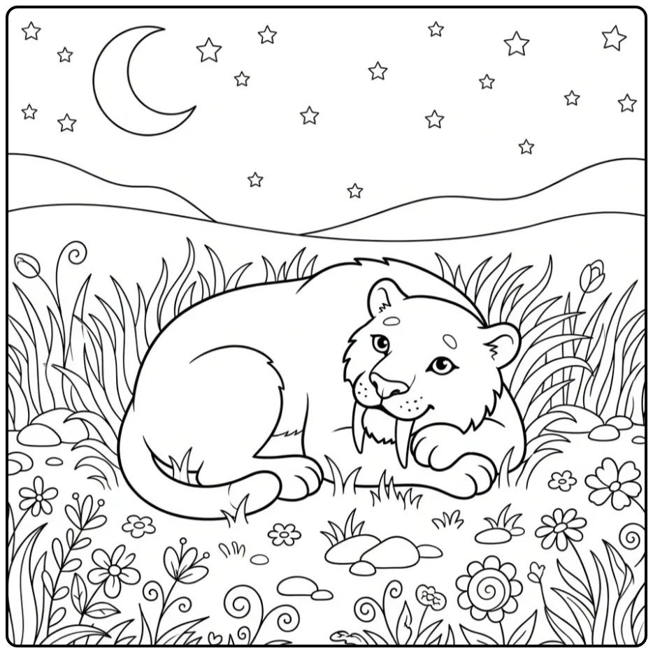 Rustige sabeltandtijger kleurplaat met maan en sterren