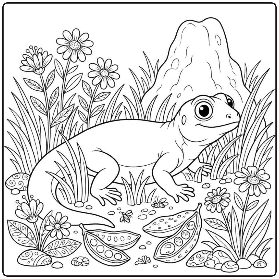 Schattige kleurplaat hagedis tussen gras en bloemen.