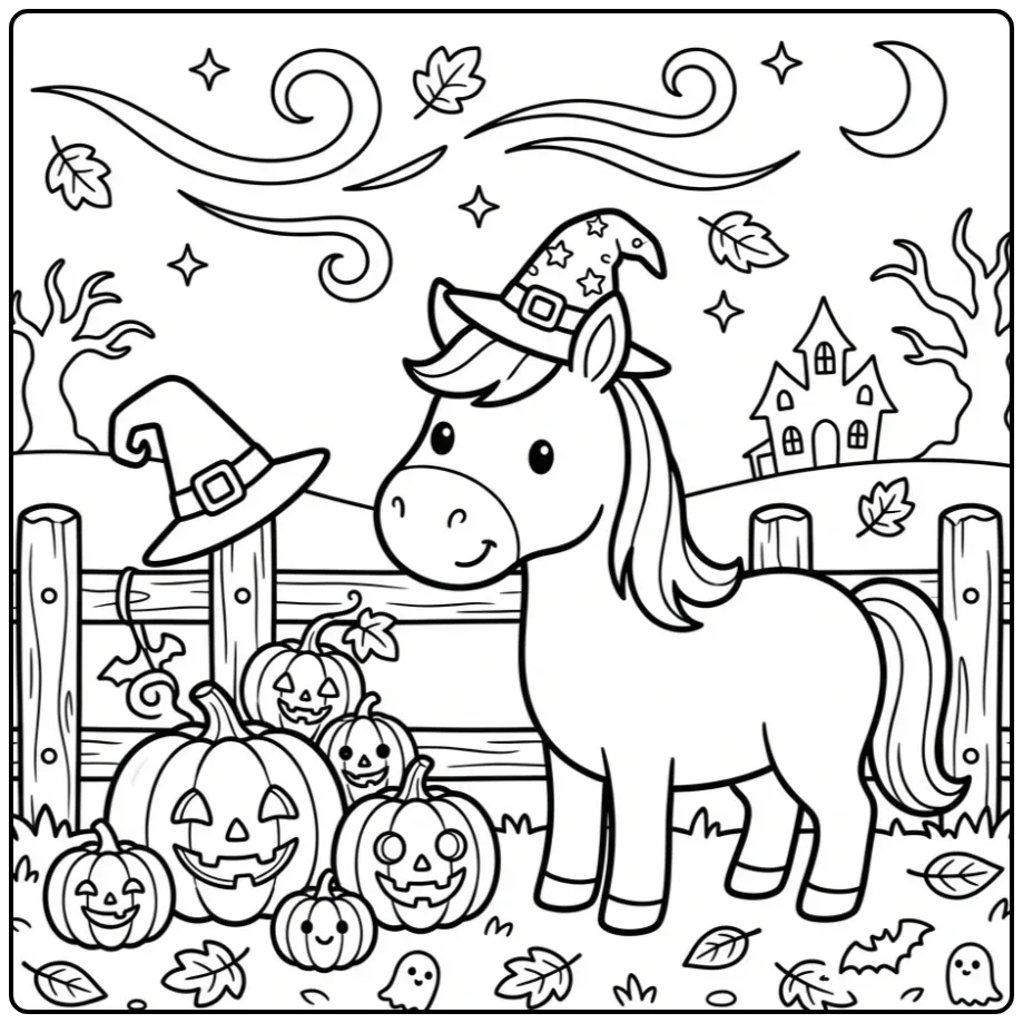 Een leuke kleurplaat halloween paard bij een hek met pompoenen.