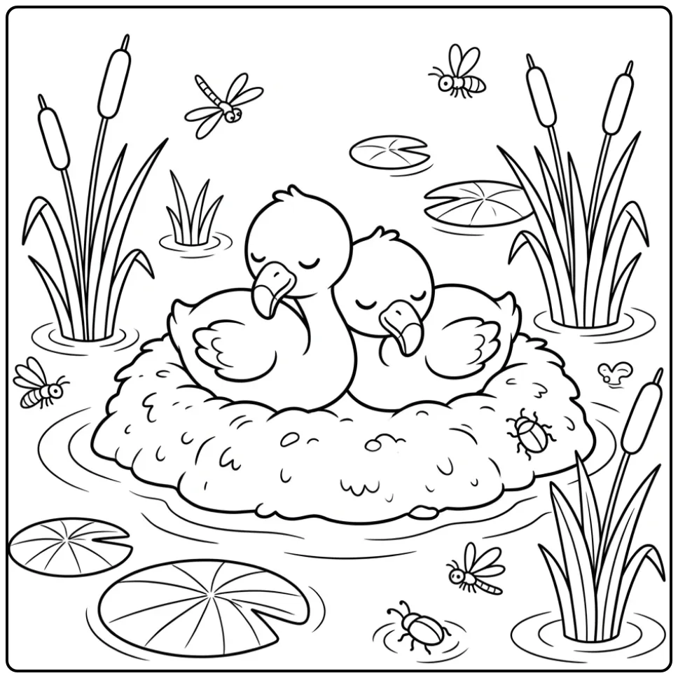 Baby flamingo kleurplaat van twee slapende kuikens op nest