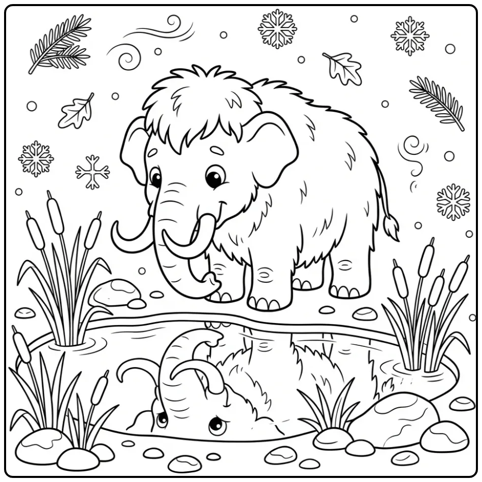 Leuke mammoet kleurplaat bij een bevroren vijver.