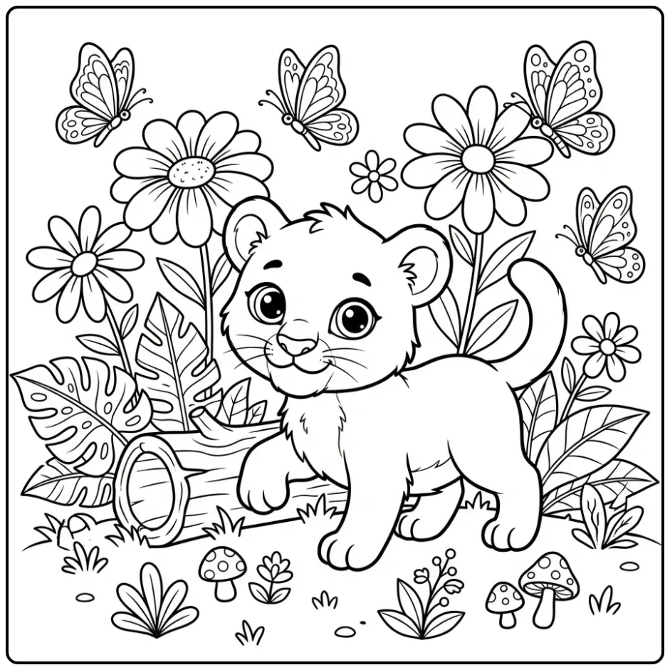 Printbare baby panter kleurplaat met bloemen en vlinders