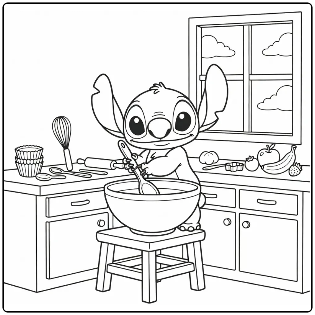 Baby Stitch kleurplaat bakkend op een klein krukje.