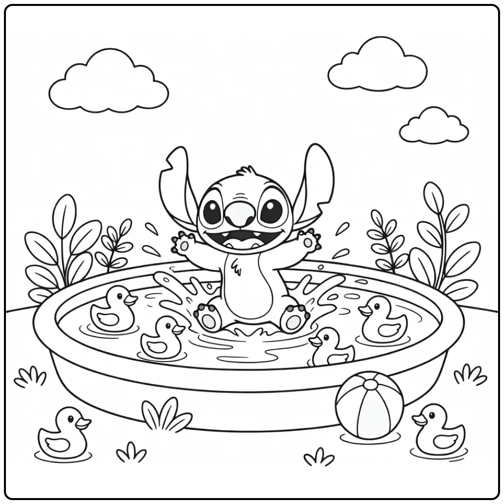 Vrolijke baby stitch kleurplaat met eendjes en een bal