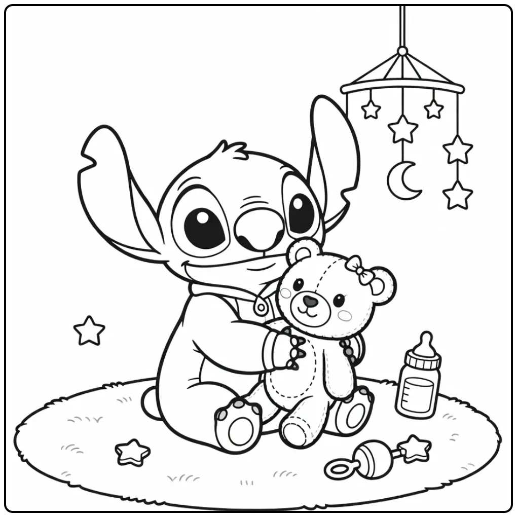 Lieve baby stitch kleurplaat zittend op een zacht kleedje