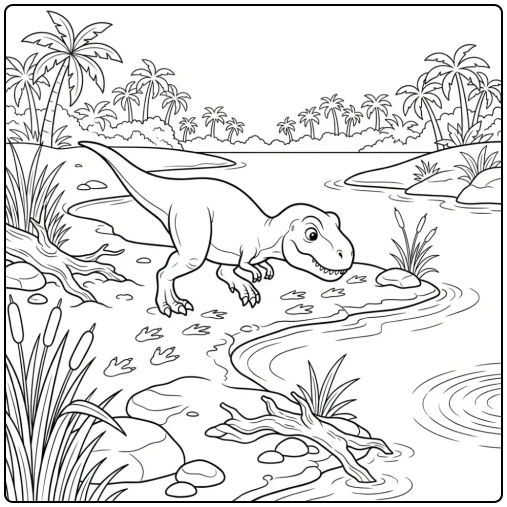 Jonge dino zoekt sporen op deze t rex kleurplaat.