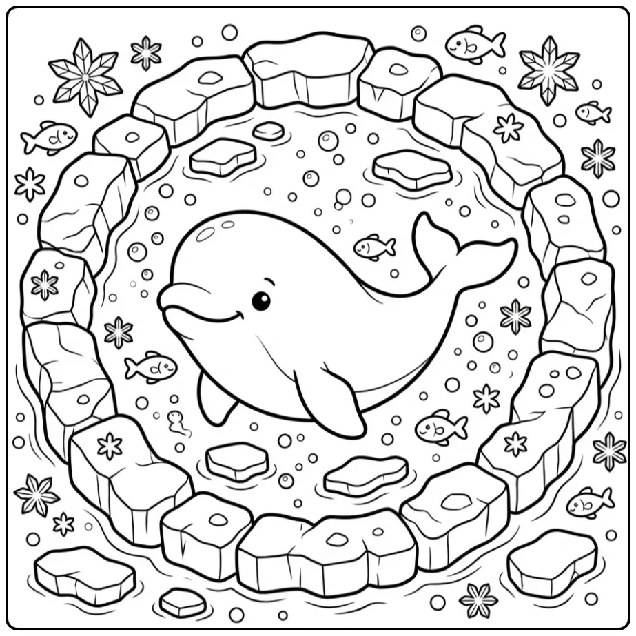 Leuke walvis kleurplaat met beloega en ijskristallen.