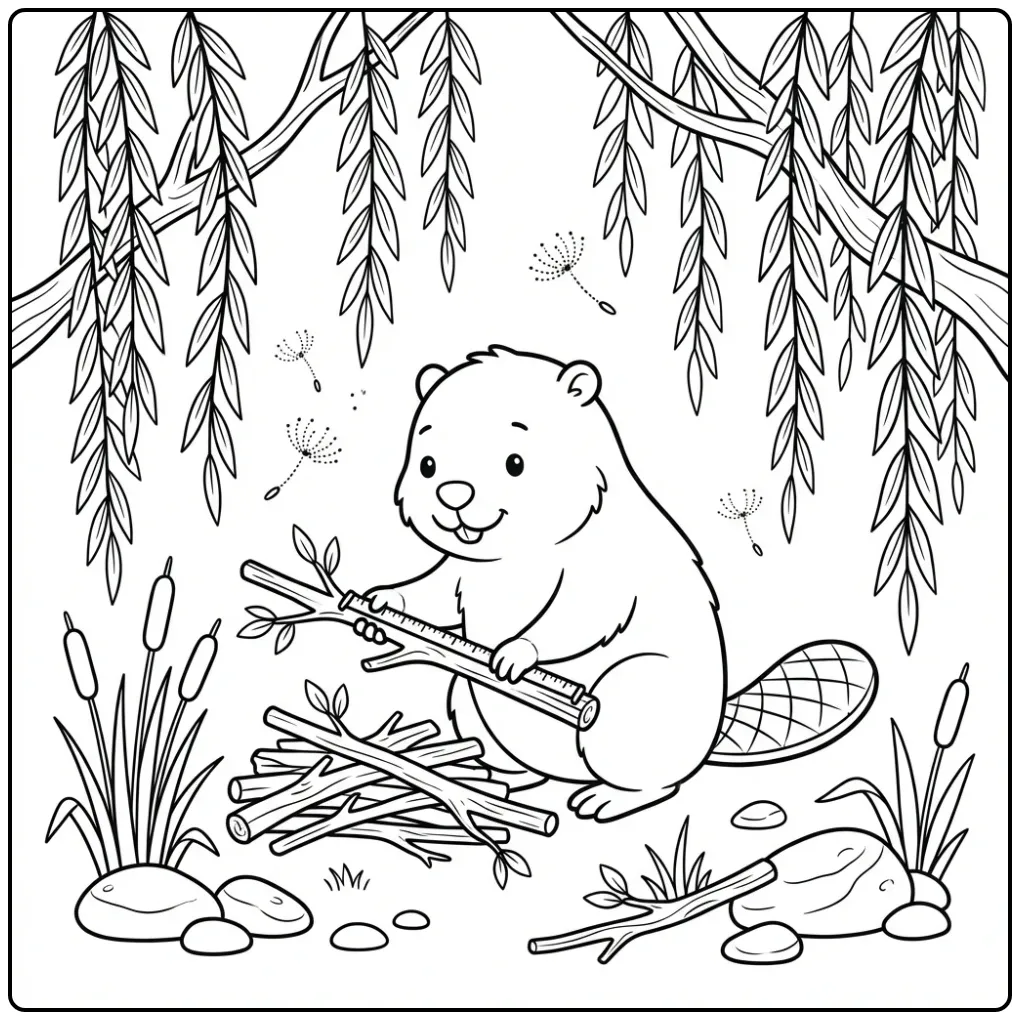 Bever kleurplaat van een bouwende bever onder wilgentakken.