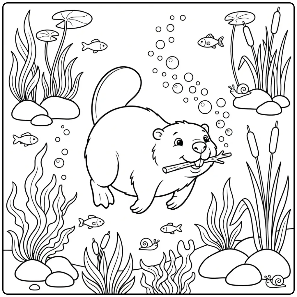 Zwemmende cartoon bever kleurplaat onder water.