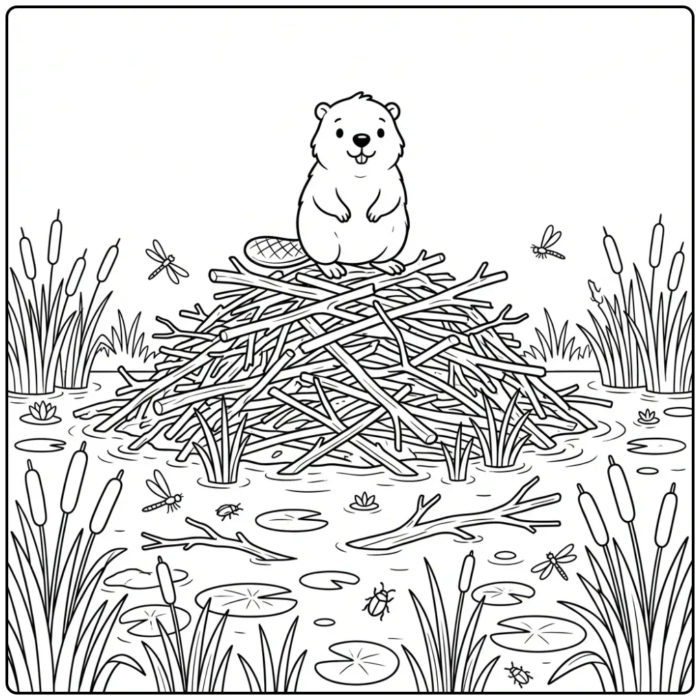 Bever kleurplaat op een stapel takken als uitkijkpost.