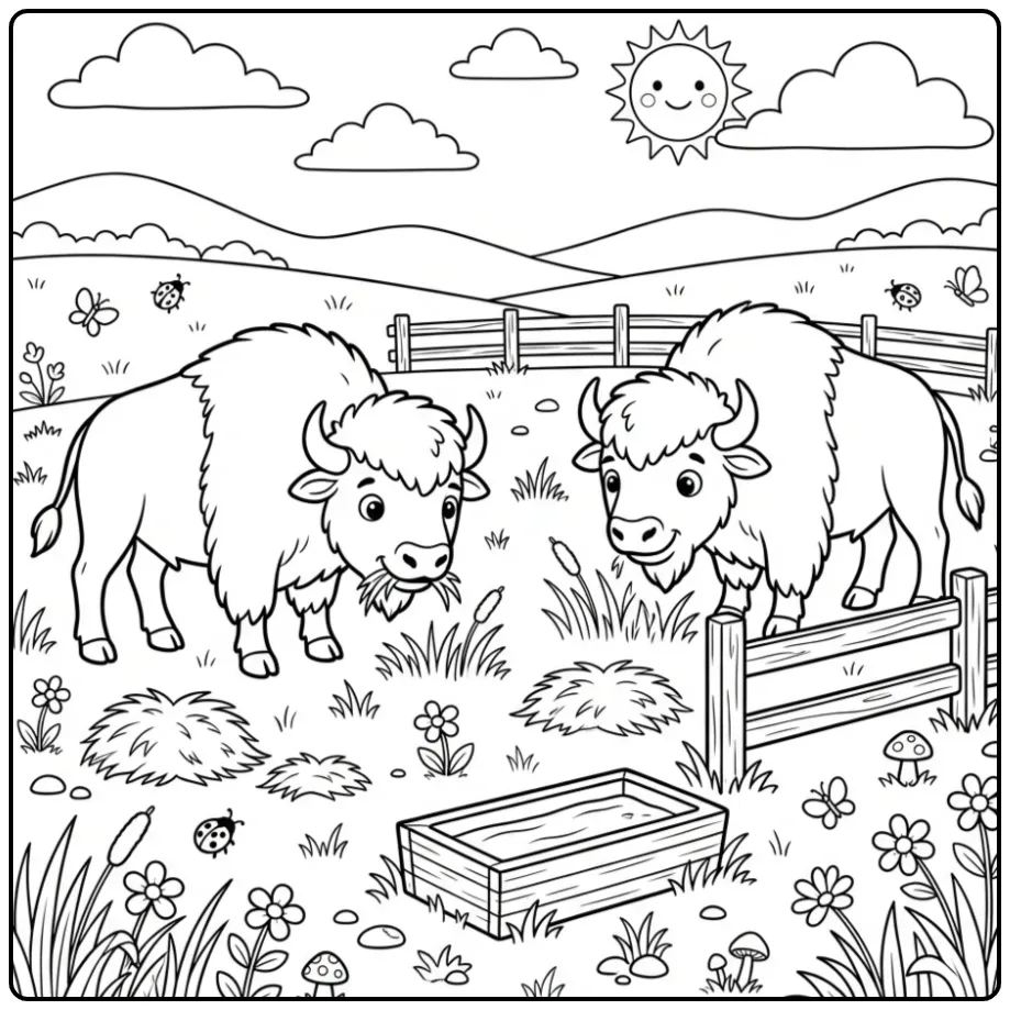 Twee bizons grazen op deze bizon kleurplaat.