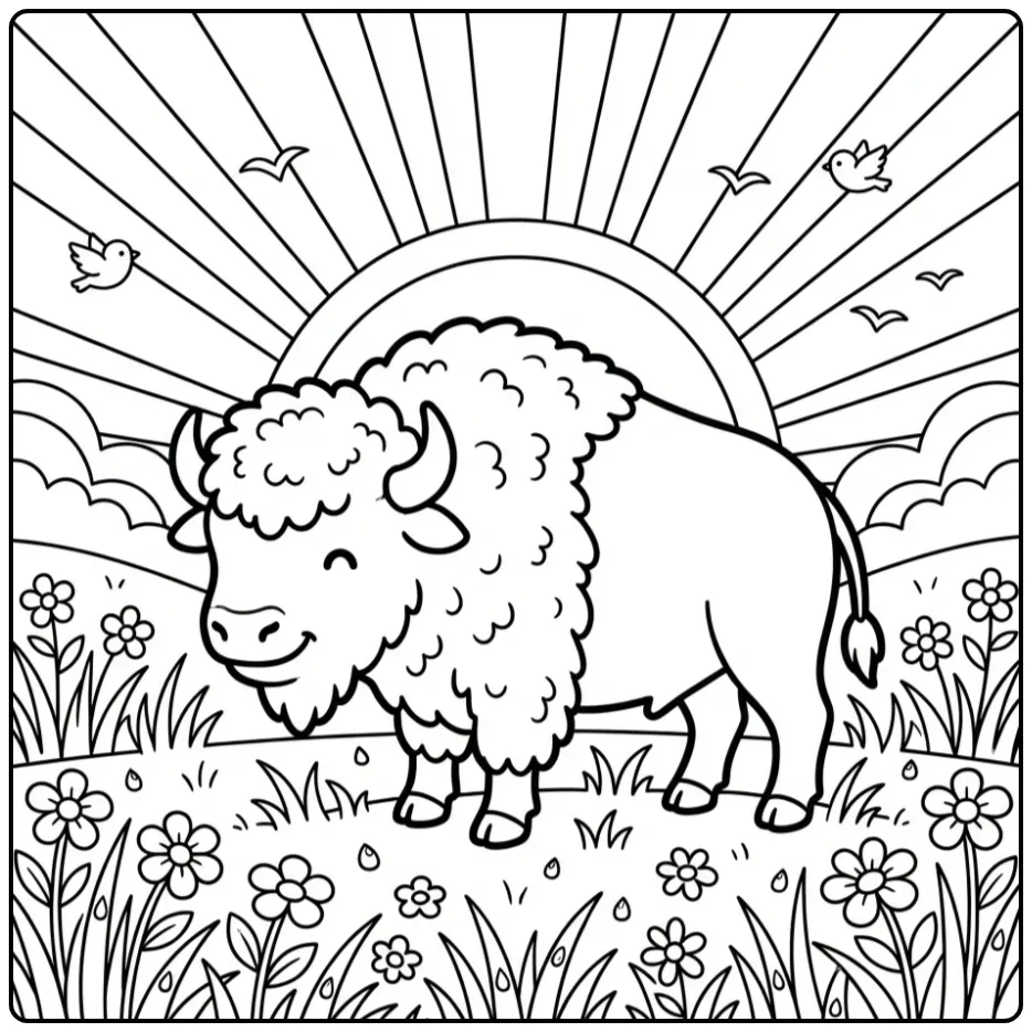 Een vrolijke bizon kleurplaat met bloemen en zon.