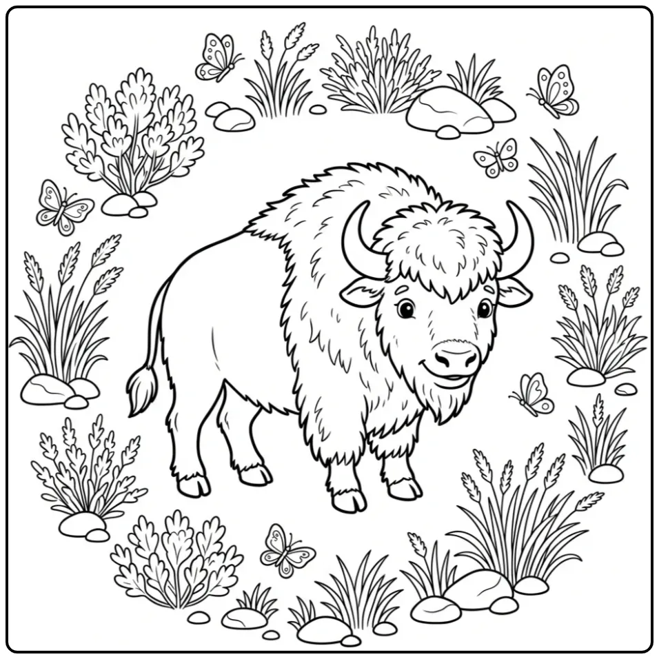 Portret van een vrolijke bizon kleurplaat met vlinders.