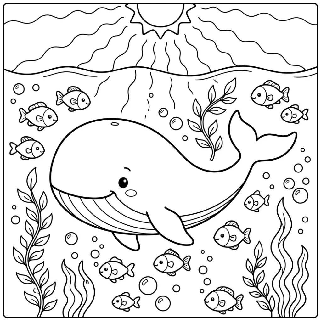 Een vrolijke walvis kleurplaat met visjes en bubbels.