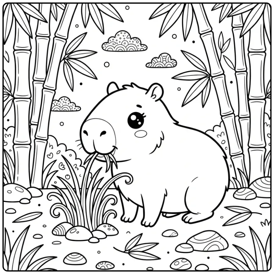 Kawaii capybara kleurplaat cute etend van gras.