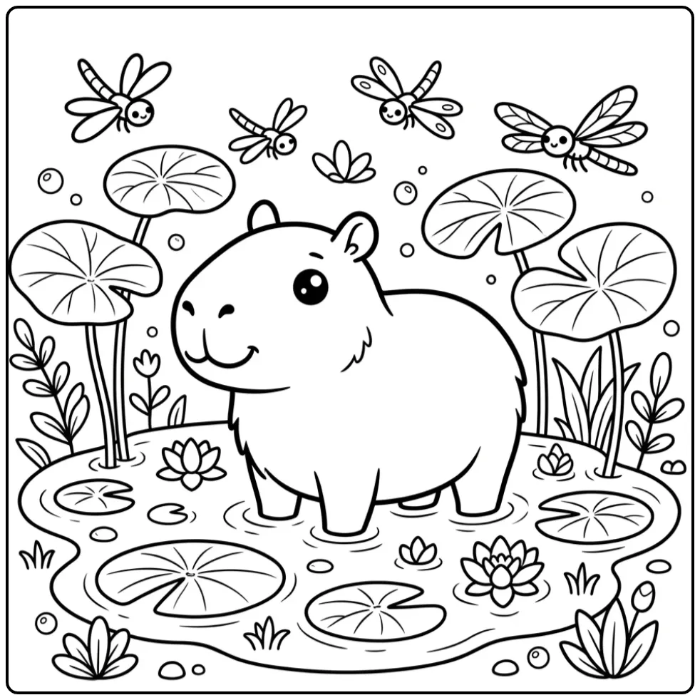 Capybara kleurplaat cute tussen lotusbladeren en bloemen.