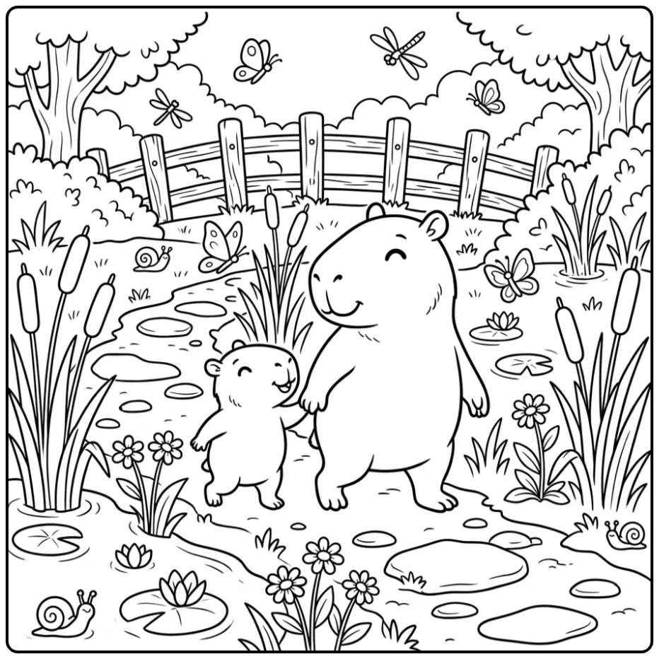 Lieve capybara kleurplaat van ouder en kind wandelend.