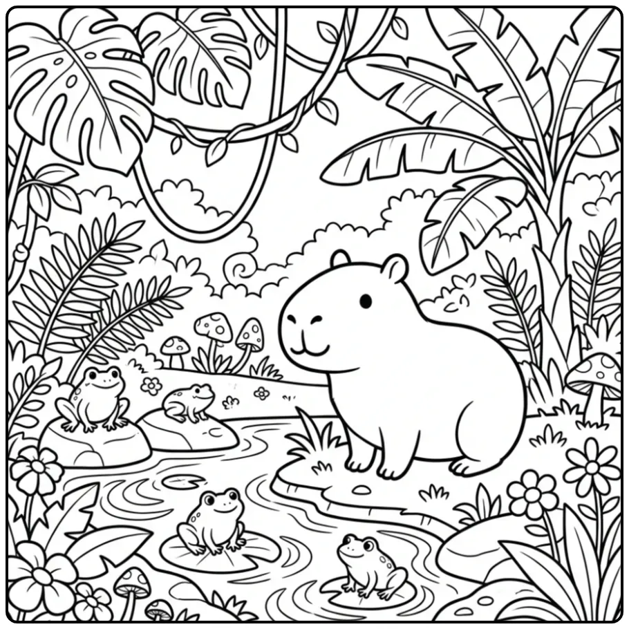 Leuke capybara kleurplaat aan de rand van een beekje.