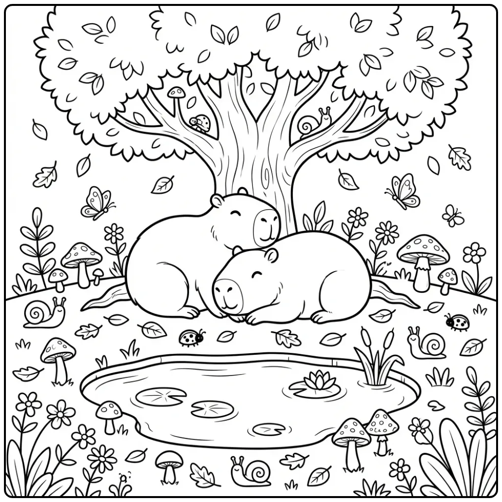 Capybara kleurplaat van twee dieren rustend bij een vijver.