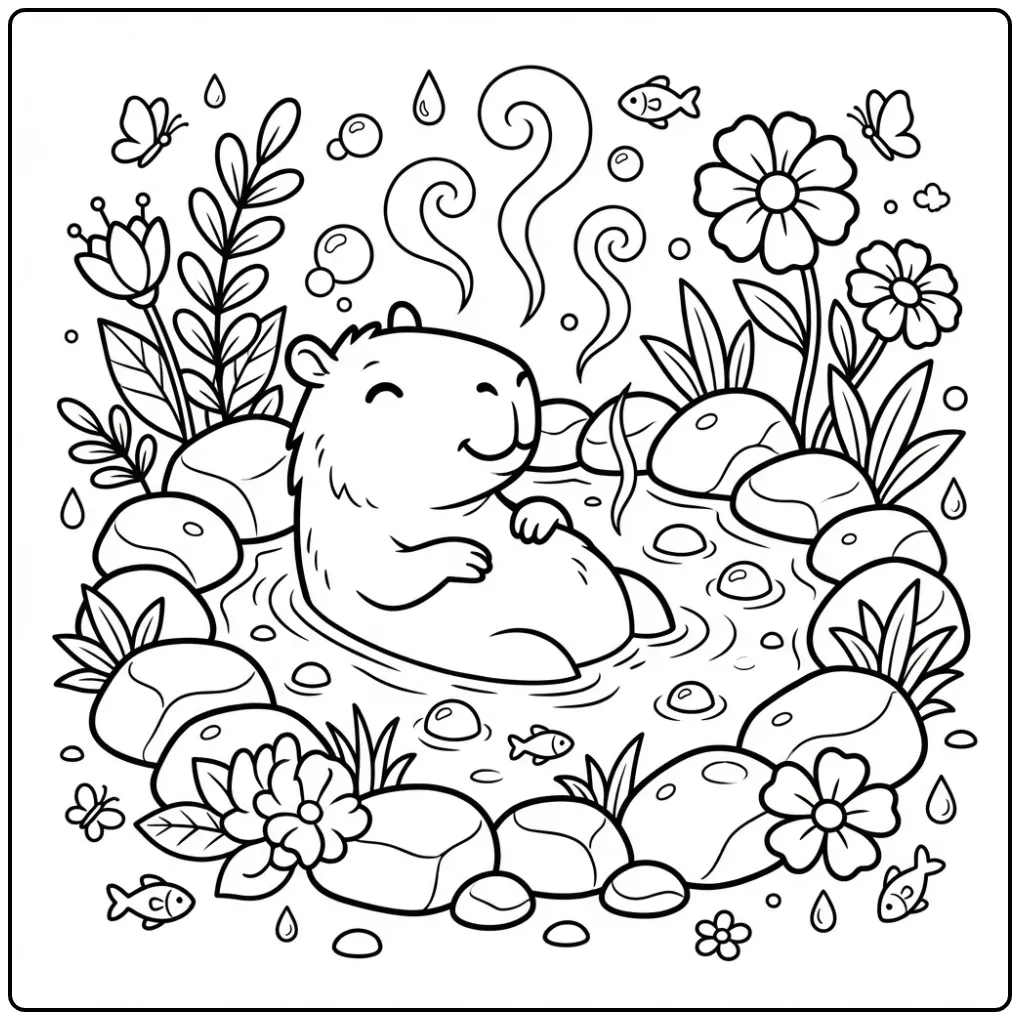 Capybara kleurplaat in een warm bad met stoom en bubbels.
