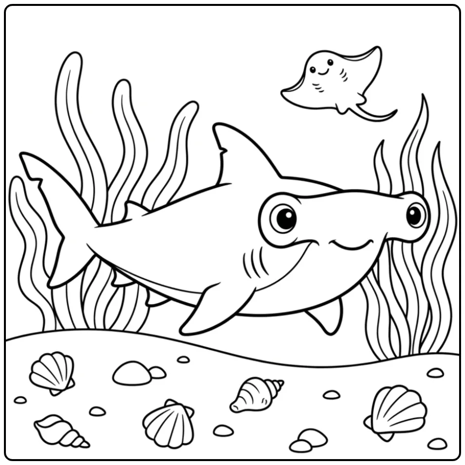 Vrolijke hamerhaai kleurplaat haai met schelpen en zeegras.