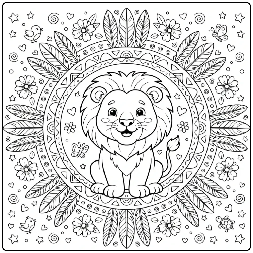 Leuke kleurplaat mandala leeuw met veren en bloemen cirkel
