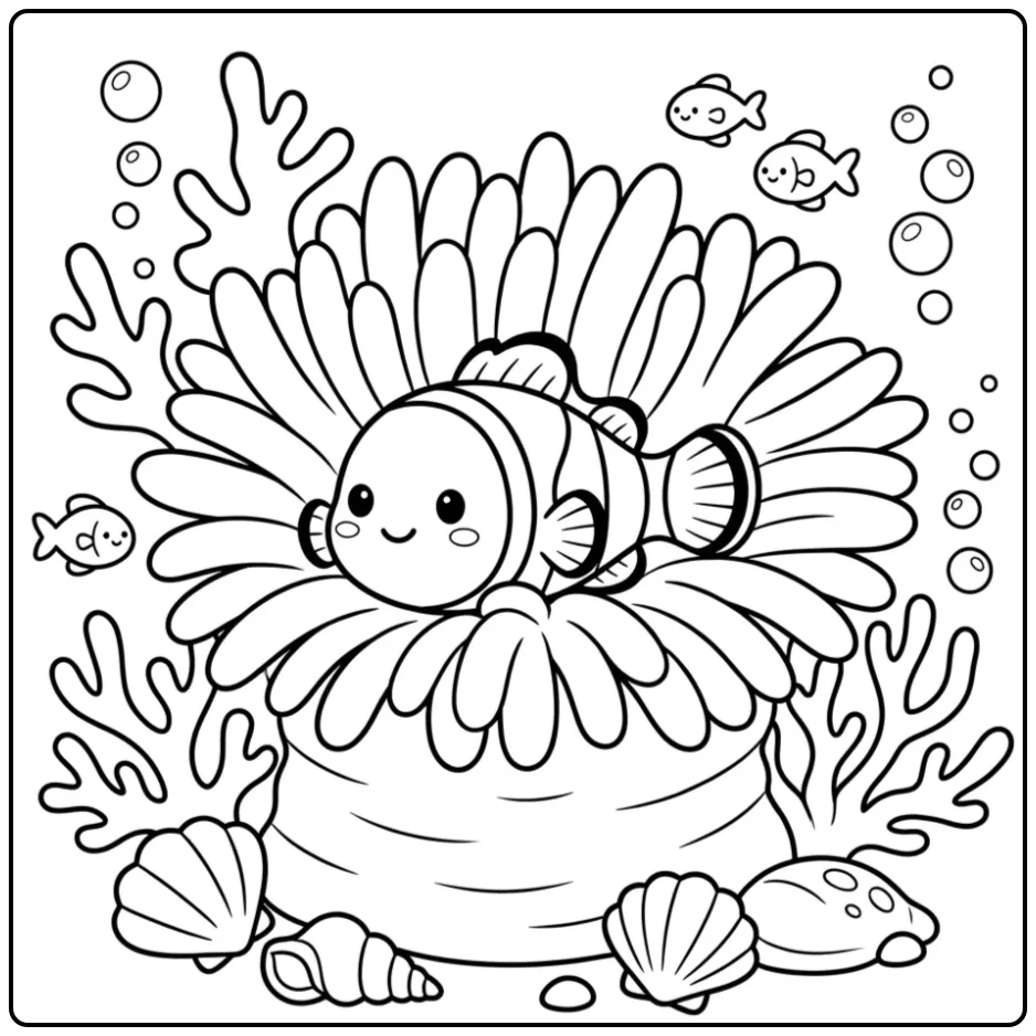Vrolijke clownvis kleurplaat tussen koraal en bubbels.