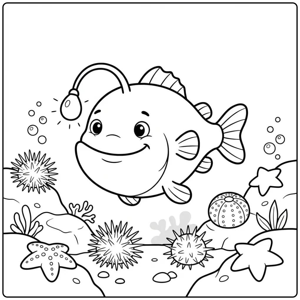 Een leuke kleurplaat vis van een zeeduivel in de diepzee.