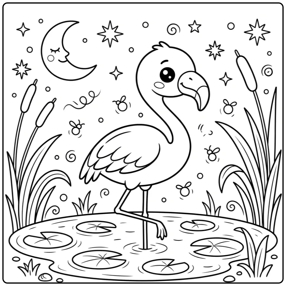 Flamingo kleurplaat in vijver met maan en sterren.