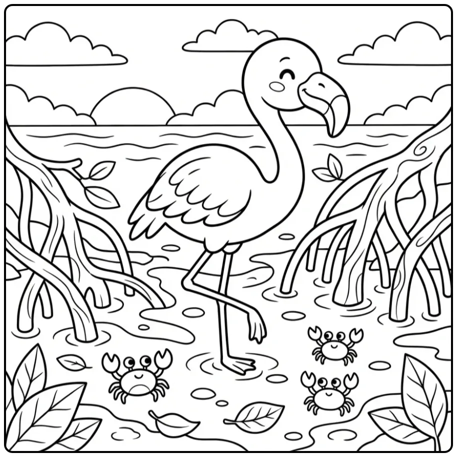 Een vrolijke flamingo kleurplaat met kleine krabbetjes.