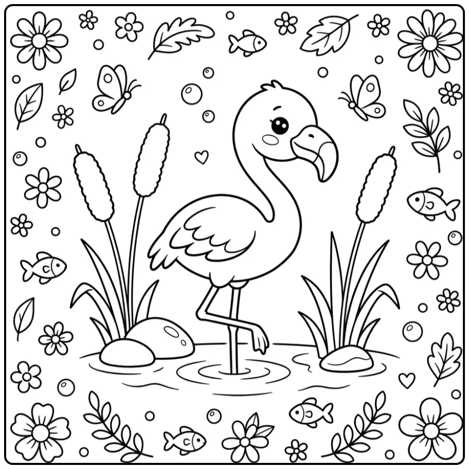 Leuke flamingo kleurplaat makkelijk met riet en water.