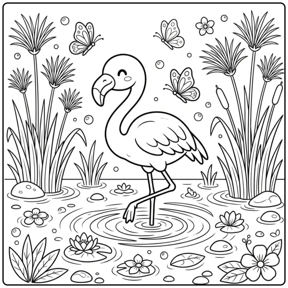 Cartoon flamingo kleurplaat stappend door ondiep water