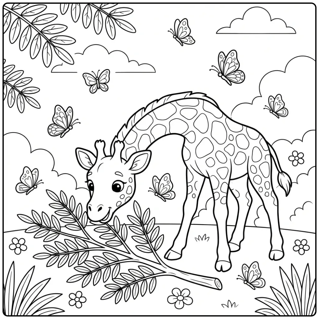 Vrolijke schattige giraffe kleurplaat met een tak en vlinders.