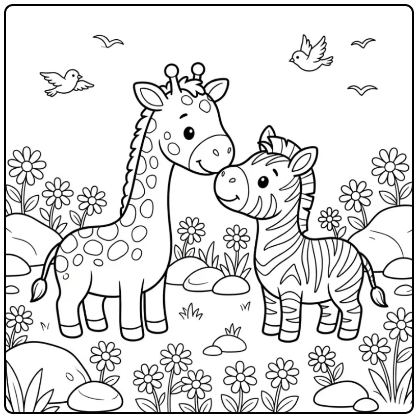 Schattige giraffe kleurplaat met een klein zebra vriendje.