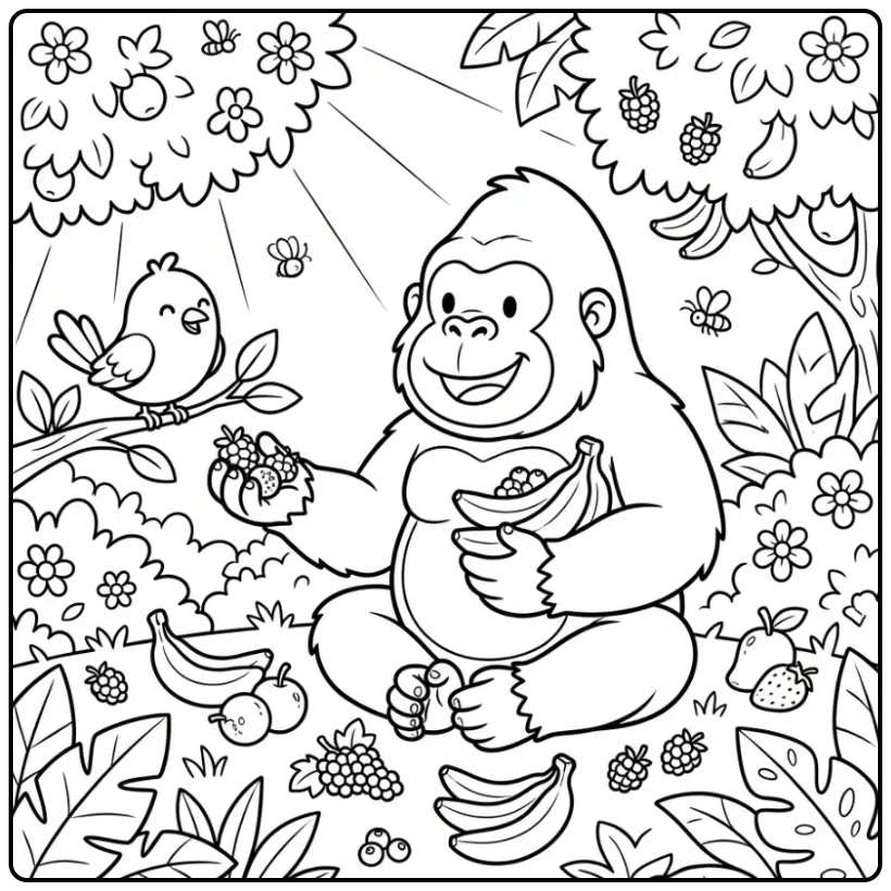 Vrolijke gorilla kleurplaat die fruit deelt met een vogeltje.