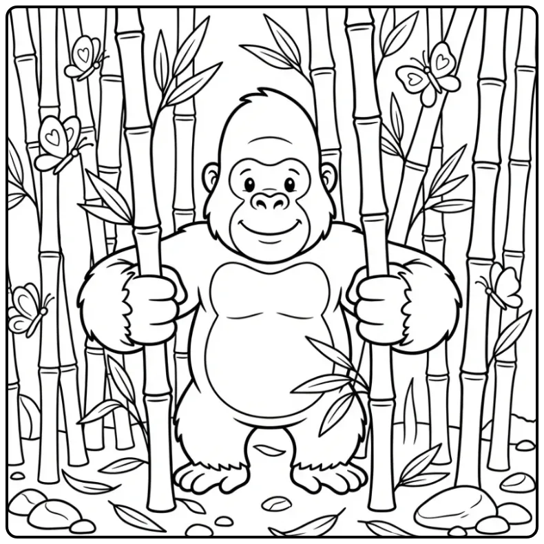 Gorilla kleurplaat met vlinders en bamboestengels.