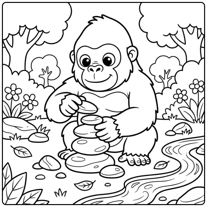 Gorilla kleurplaat met stenen toren en kabbelend beekje.