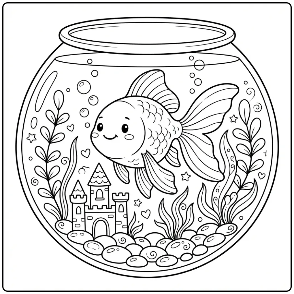 Goudvis kleurplaat met kasteel en bubbels om in te kleuren.