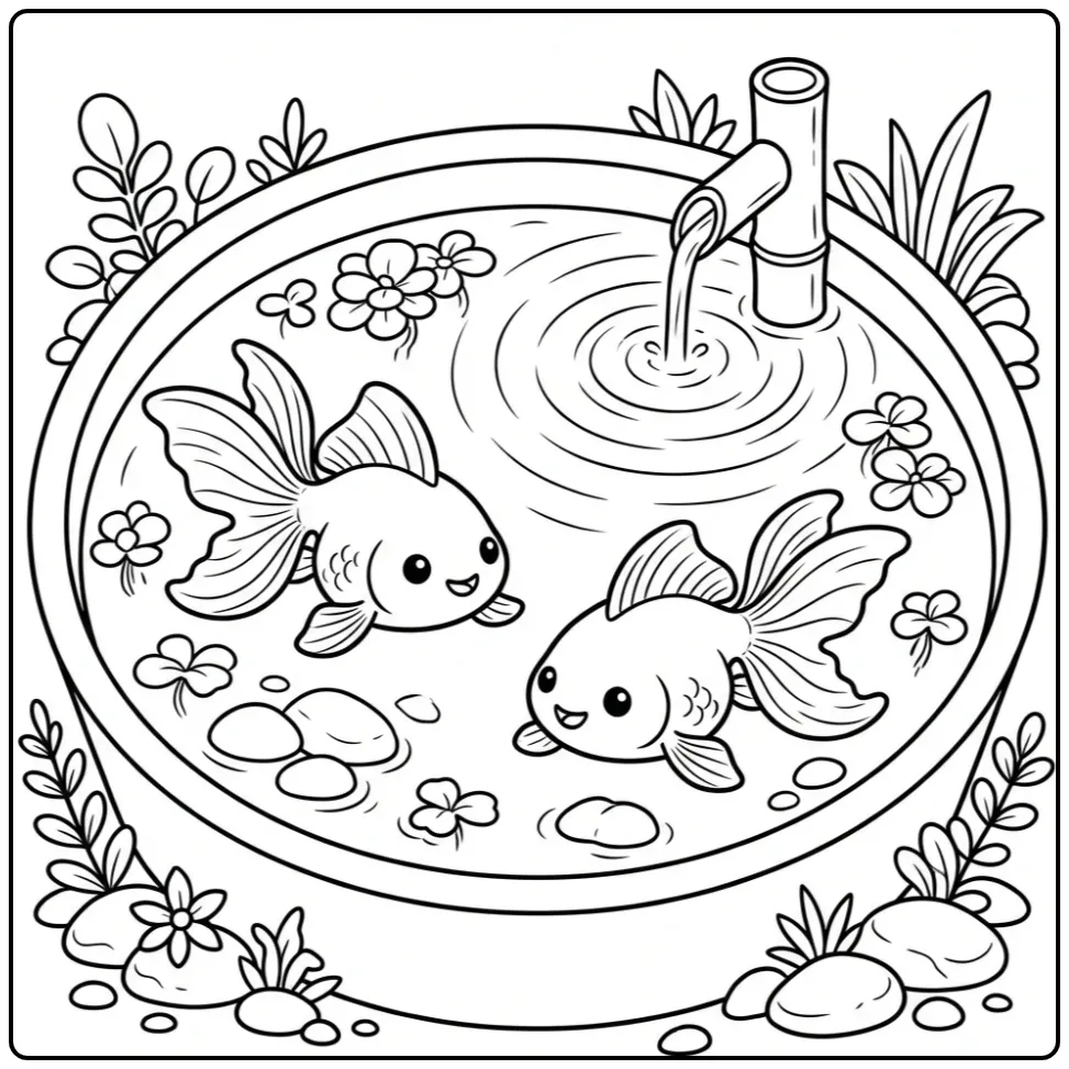 Twee vrolijke vissen op een goudvis kleurplaat met stenen.