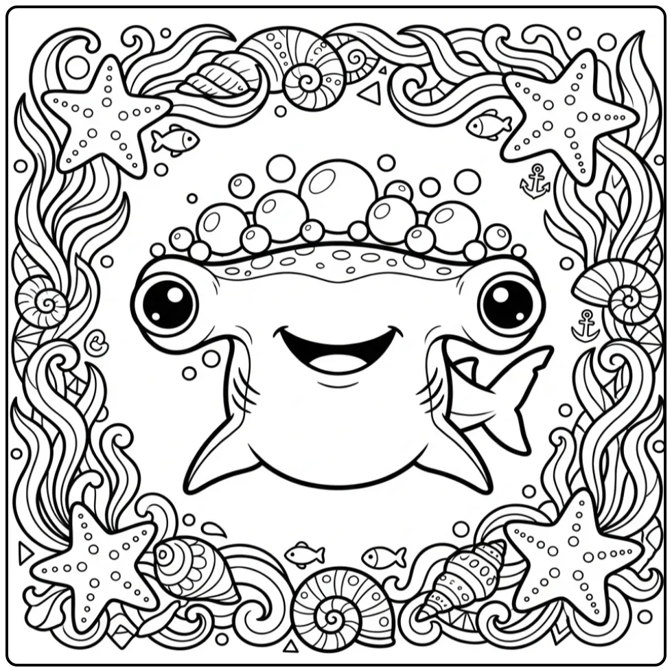 Hamerhaai kleurplaat portret met zeesterren en bubbels.