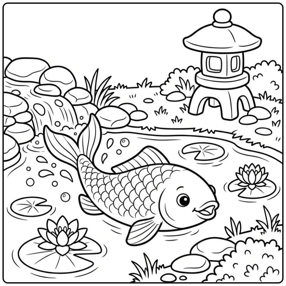 Vrolijke karper kleurplaat zwemmend in vijver met waterval.