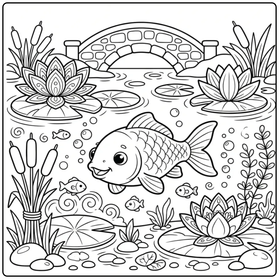 Vrolijke karper kleurplaat tussen lelies en bubbels.
