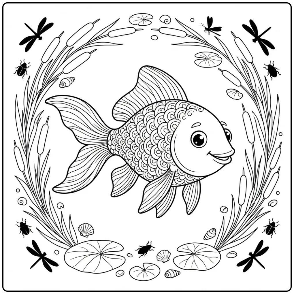 Close-up karper kleurplaat met libellen en waterlelies.