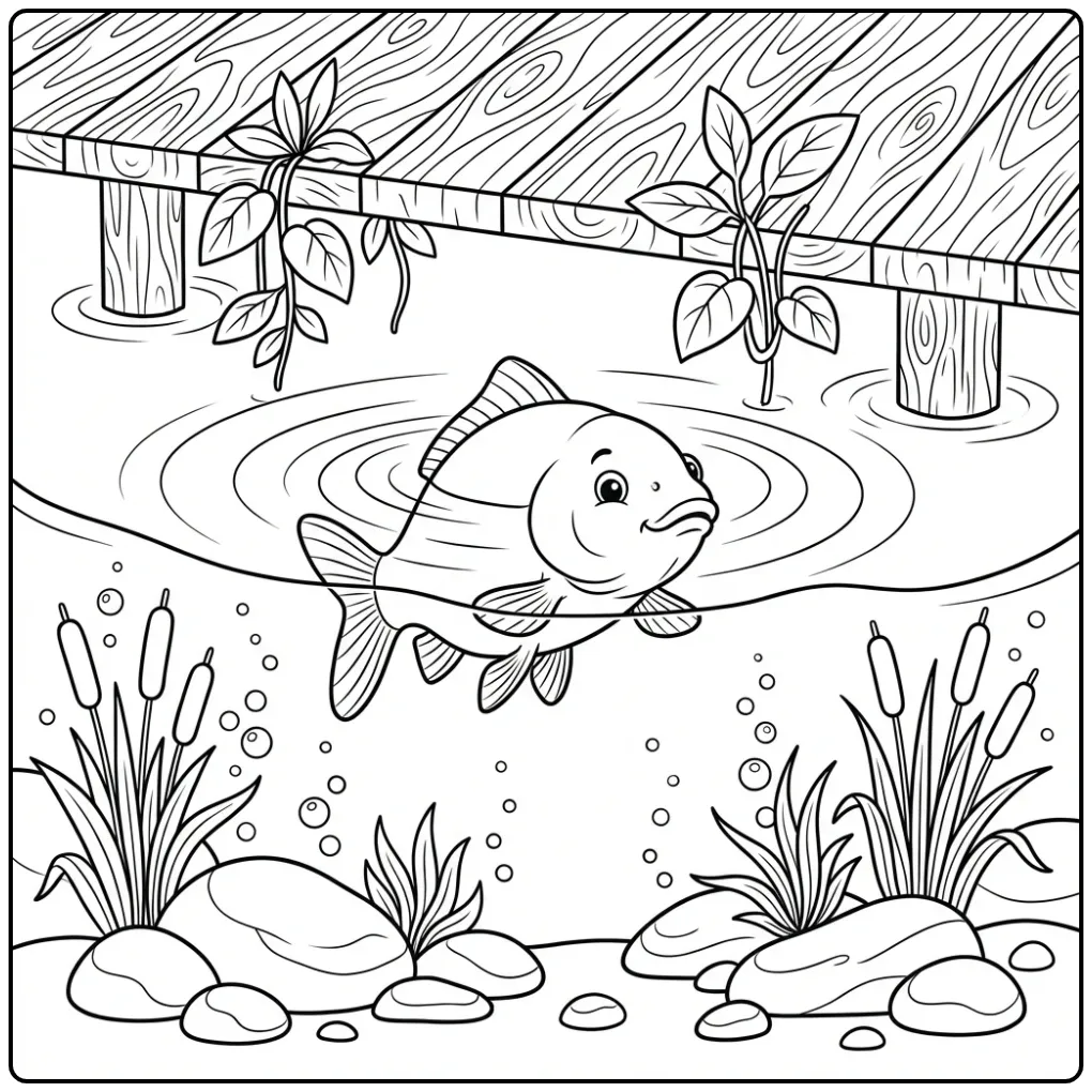 Print deze karper kleurplaat met waterplanten en bubbels.