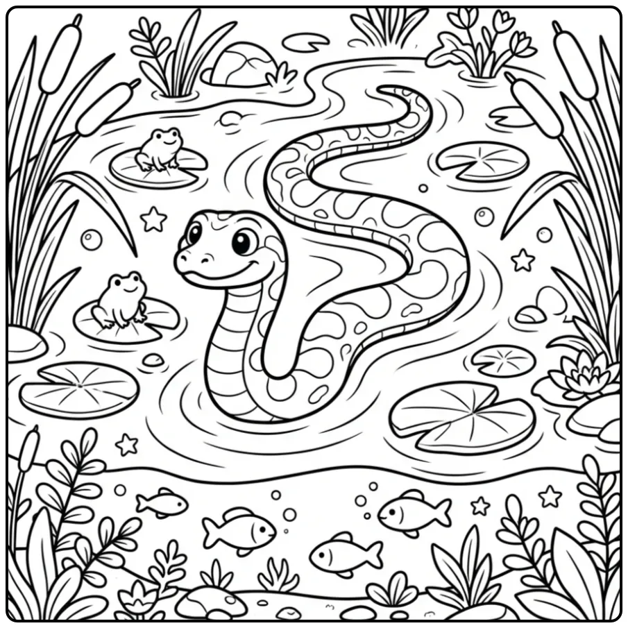 Een speelse kleurplaat anaconda zwemmend in de rivier.