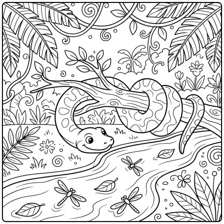 Een leuke kleurplaat anaconda op een boomtak.