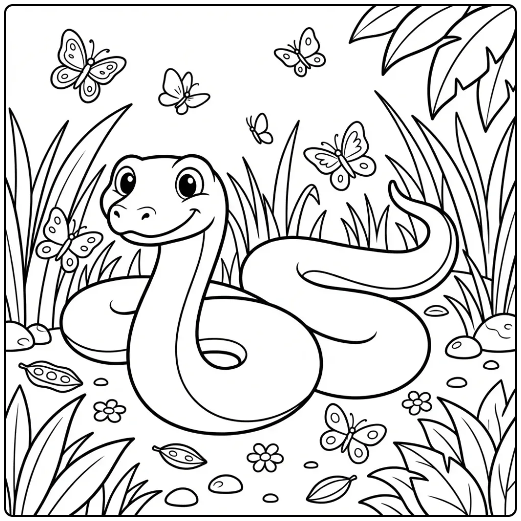 Een kronkelende slang op deze kleurplaat anaconda.