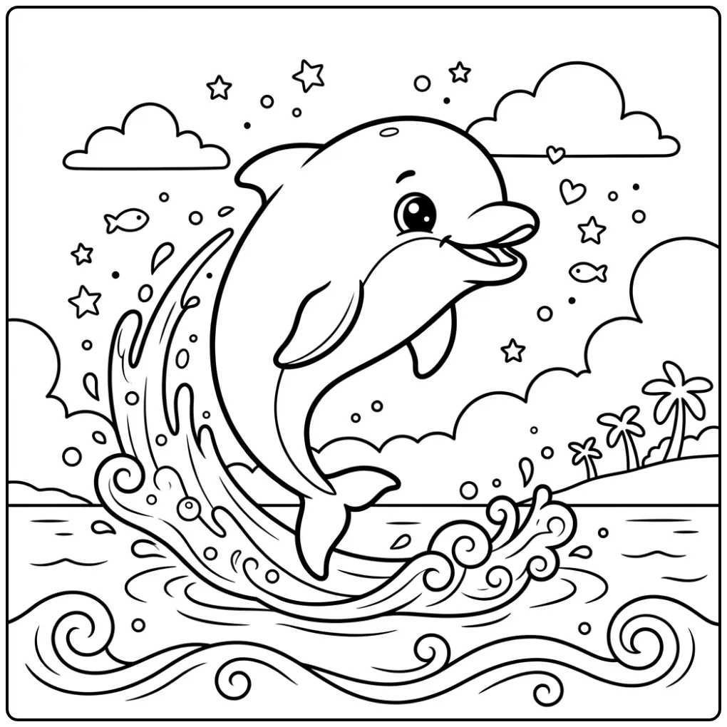 Kleurplaat baby dolfijn springend uit het water met golven.