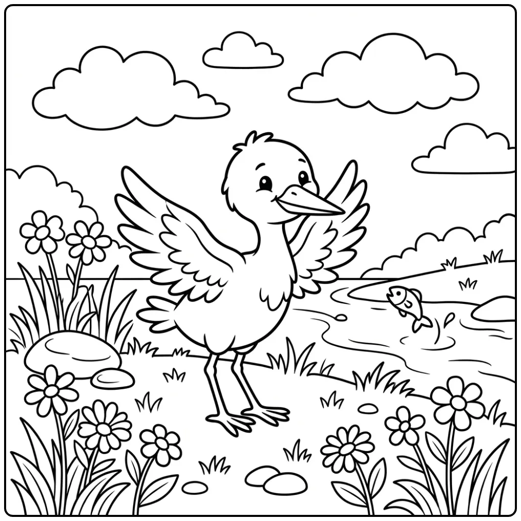 Kleurplaat baby ooievaar die zijn vleugels strekt.