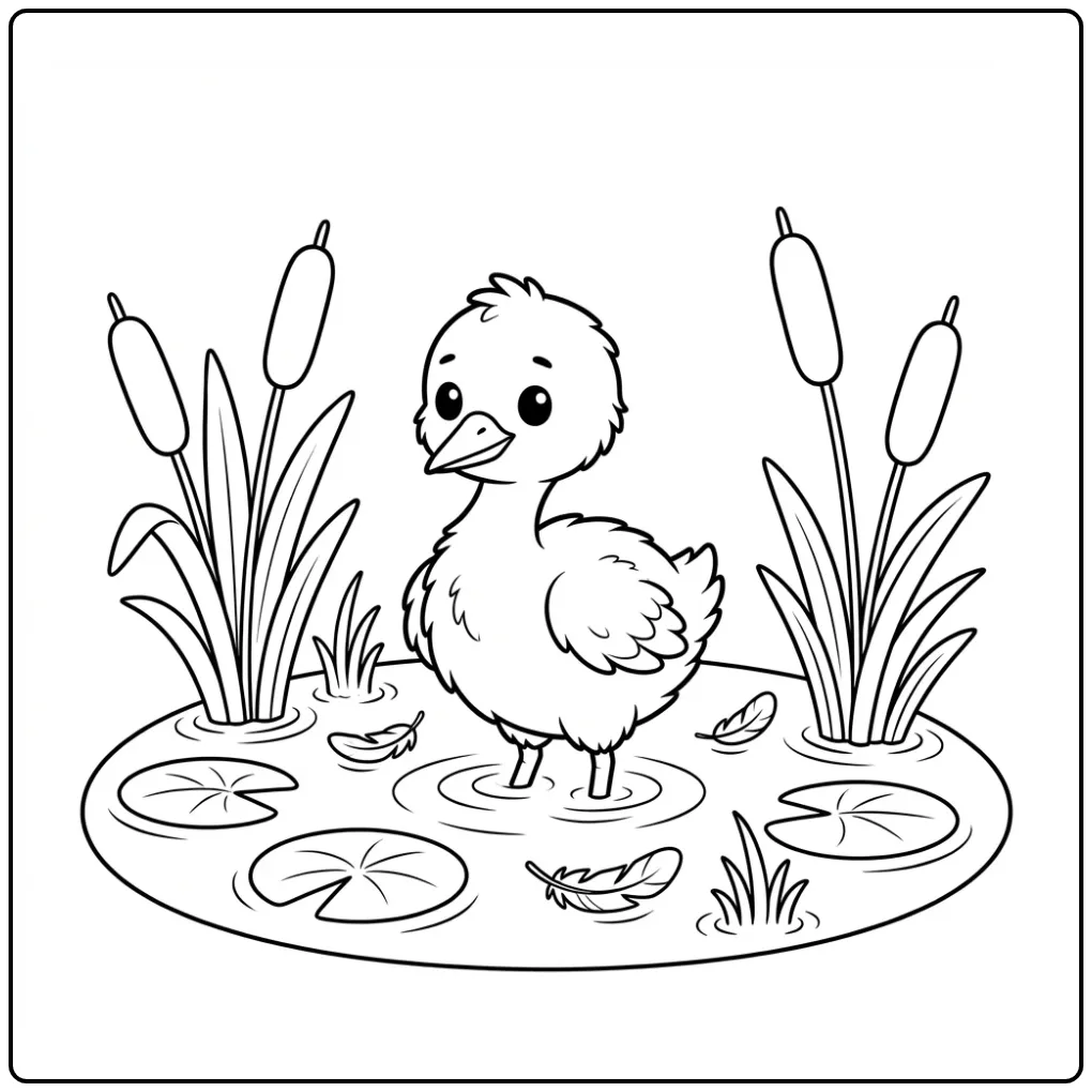 Pluizige kleurplaat baby ooievaar tussen de lelies en riet.